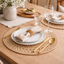 Load image into Gallery viewer, Handcrafted Natural Jute Placemat | 15” Round Scalloped Woven Placemat