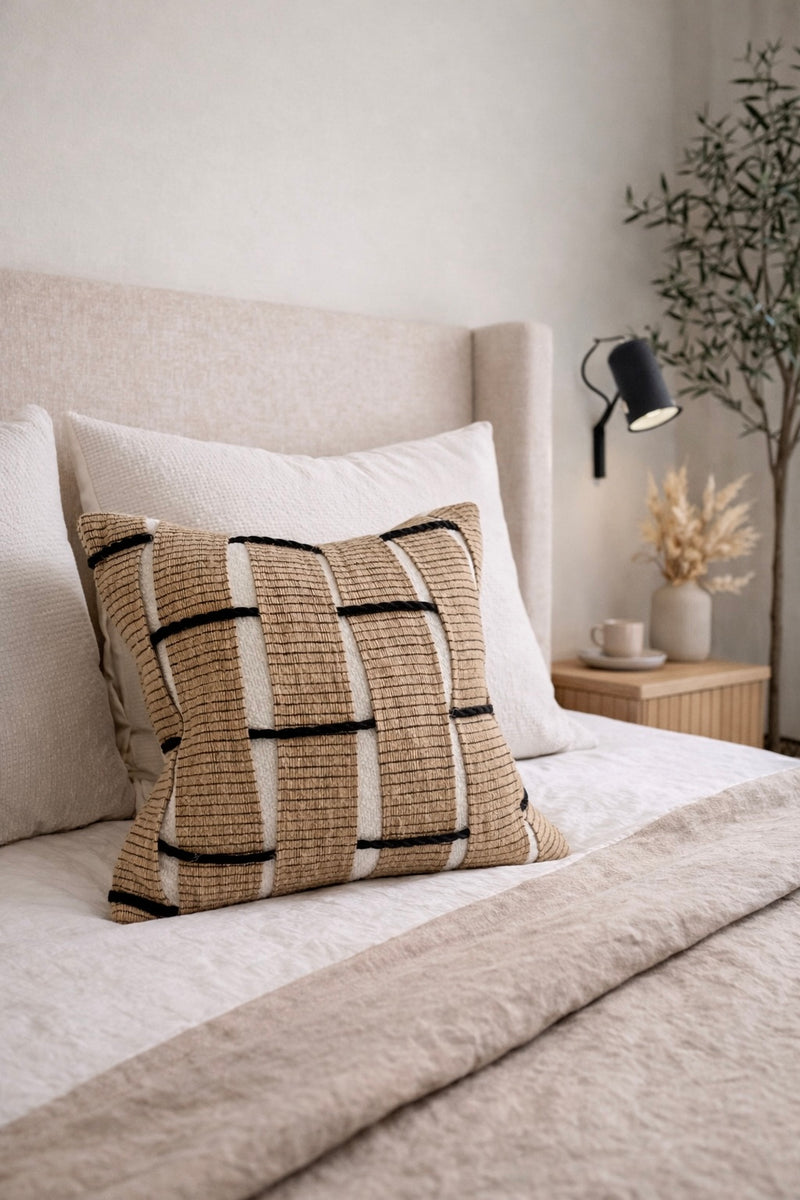 Bohemian Cream Textured Pillow Cover with Black Rope | 18x18 Neutral ...
